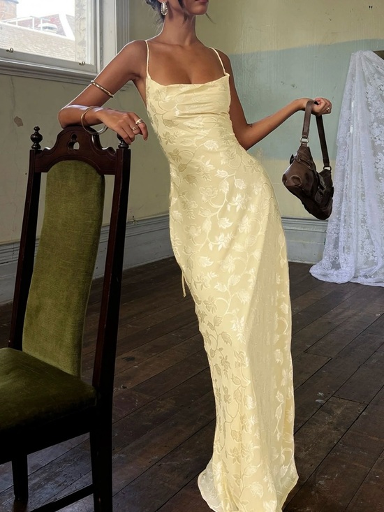 Princess Polly Dresses & Skirts - Princess Polly Pale Yellow Floral Satin Slip Maxi Dress